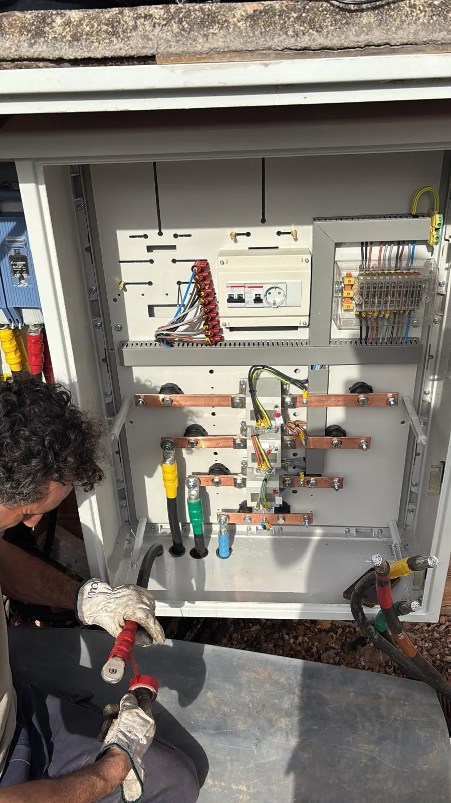 Profesional de Grupo 3 conectando cableado de potencia en un cuadro eléctrico